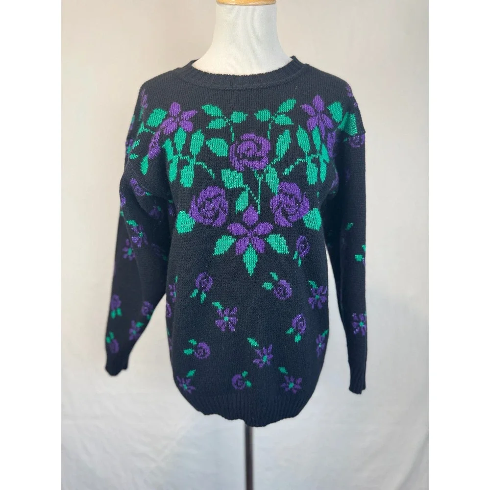 Vtg Black Purple Green Floral Knit Sweater 80s Vintage Women's Size M GFC‎ Inc